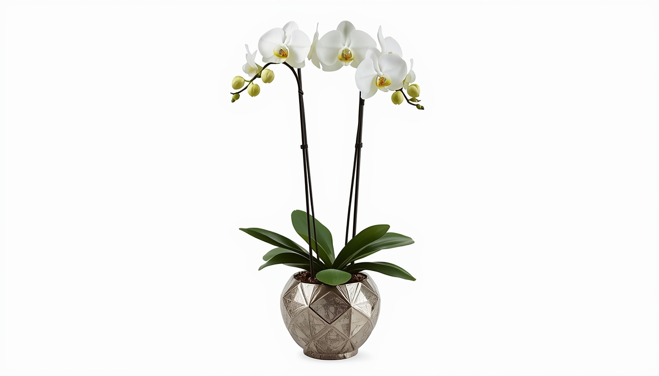 Elegant white orchid plant in decorative pot